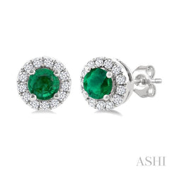 3.25 MM Round Emerald and 1/10 Ctw Round Cut Diamond Halo Precious Stud Earrings in 10K White Gold