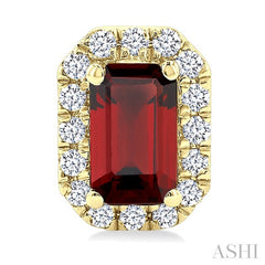 5x3 MM Octagonal Shape Garnet and 1/8 Ctw Round Cut Diamond Halo Semi-Precious Stud Earrings in 10K Yellow Gold