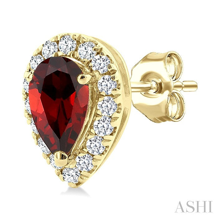 5x3 MM Pear Shape Garnet and 1/8 Ctw Round Cut Diamond Halo Semi-Precious Stud Earrings in 10K Yellow Gold