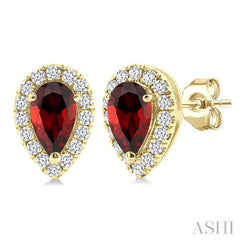 5x3 MM Pear Shape Garnet and 1/8 Ctw Round Cut Diamond Halo Semi-Precious Stud Earrings in 10K Yellow Gold