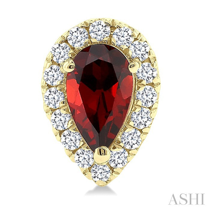 5x3 MM Pear Shape Garnet and 1/8 Ctw Round Cut Diamond Halo Semi-Precious Stud Earrings in 10K Yellow Gold