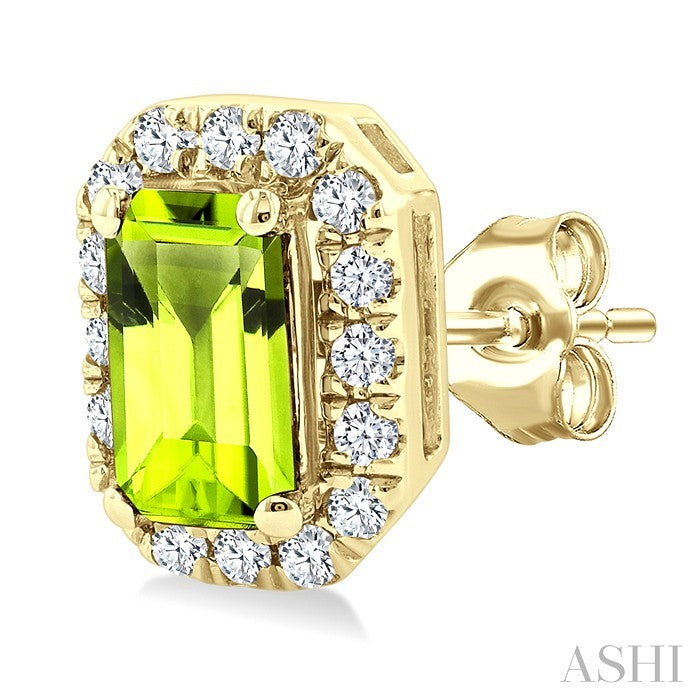5x3 MM Octagonal Shape Peridot and 1/8 Ctw Round Cut Diamond Halo Semi-Precious Stud Earrings in 10K Yellow Gold