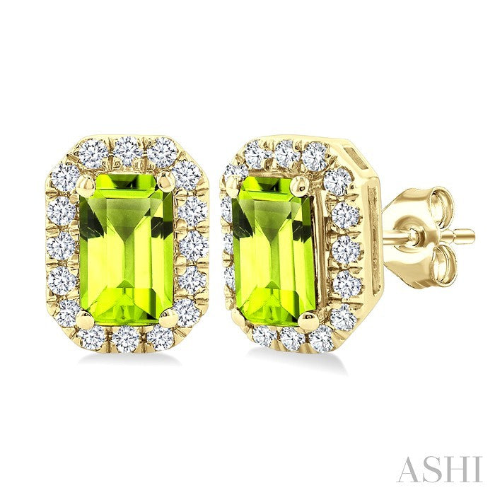 5x3 MM Octagonal Shape Peridot and 1/8 Ctw Round Cut Diamond Halo Semi-Precious Stud Earrings in 10K Yellow Gold