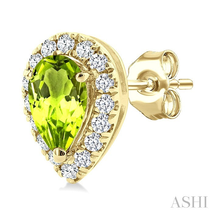 5x3 MM Pear Shape Peridot and 1/8 Ctw Round Cut Diamond Halo Semi-Precious Stud Earrings in 10K Yellow Gold