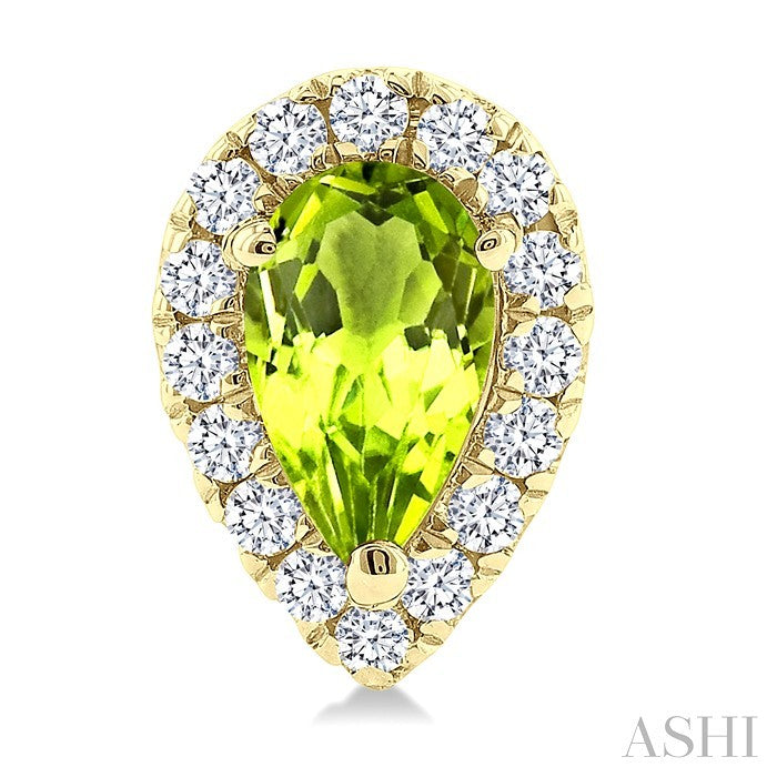 5x3 MM Pear Shape Peridot and 1/8 Ctw Round Cut Diamond Halo Semi-Precious Stud Earrings in 10K Yellow Gold