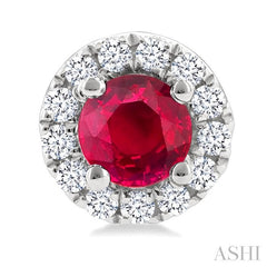 3.25 MM Round Ruby and 1/10 Ctw Round Cut Diamond Halo Precious Stud Earrings in 10K White Gold