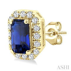 5x3 MM Octagonal Shape Sapphire and 1/8 Ctw Round Cut Diamond Halo Precious Stud Earrings in 10K Yellow Gold