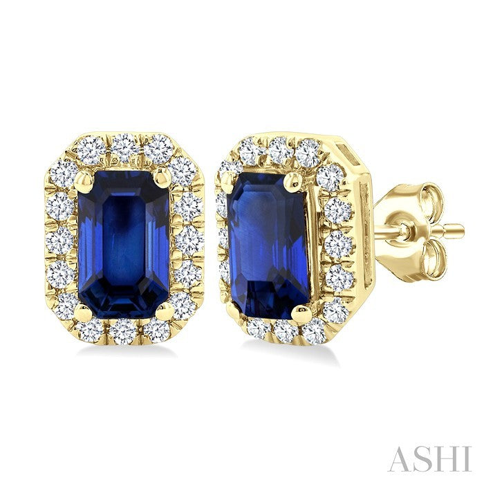5x3 MM Octagonal Shape Sapphire and 1/8 Ctw Round Cut Diamond Halo Precious Stud Earrings in 10K Yellow Gold