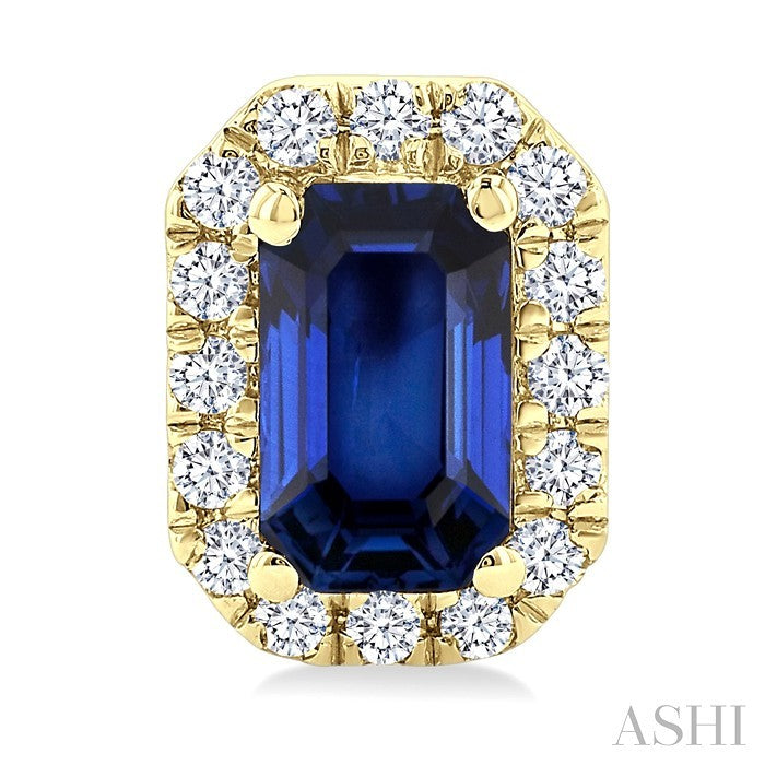 5x3 MM Octagonal Shape Sapphire and 1/8 Ctw Round Cut Diamond Halo Precious Stud Earrings in 10K Yellow Gold