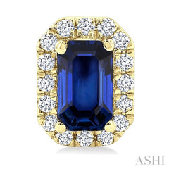 5x3 MM Octagonal Shape Sapphire and 1/8 Ctw Round Cut Diamond Halo Precious Stud Earrings in 10K Yellow Gold
