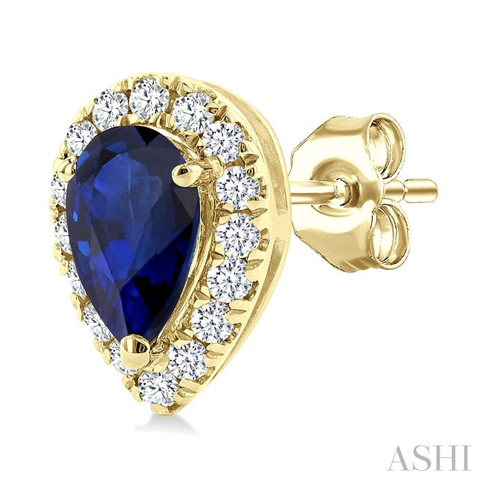 5x3 MM Pear Shape Sapphire and 1/8 Ctw Round Cut Diamond Halo Precious Stud Earrings in 10K Yellow Gold