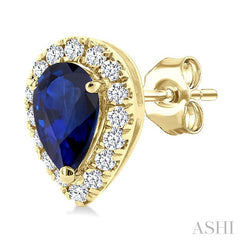 5x3 MM Pear Shape Sapphire and 1/8 Ctw Round Cut Diamond Halo Precious Stud Earrings in 10K Yellow Gold