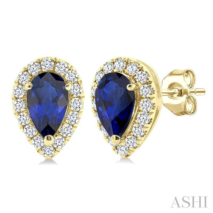 5x3 MM Pear Shape Sapphire and 1/8 Ctw Round Cut Diamond Halo Precious Stud Earrings in 10K Yellow Gold