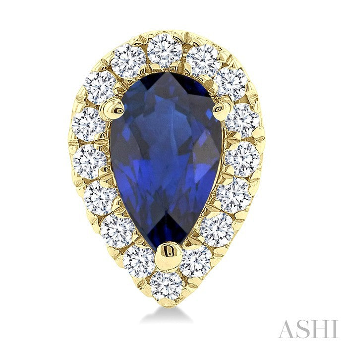 5x3 MM Pear Shape Sapphire and 1/8 Ctw Round Cut Diamond Halo Precious Stud Earrings in 10K Yellow Gold