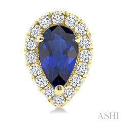 5x3 MM Pear Shape Sapphire and 1/8 Ctw Round Cut Diamond Halo Precious Stud Earrings in 10K Yellow Gold