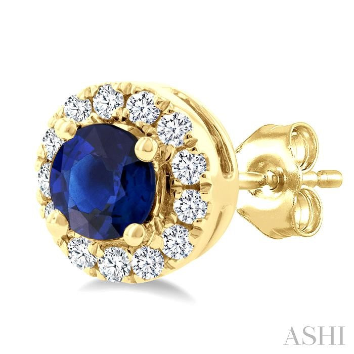 3.25 MM Round Sapphire and 1/10 Ctw Round Cut Diamond Halo Precious Stud Earrings in 10K Yellow Gold