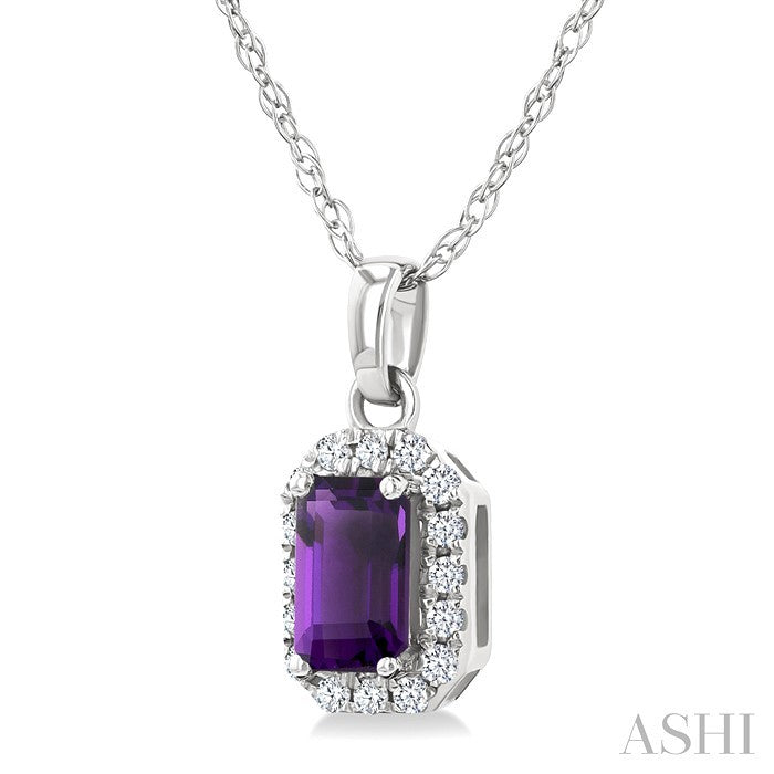 5x3 MM Octagonal Shape Amethyst and 1/20 Ctw Round Cut Diamond Halo Semi-Precious Pendant with Chain in 14K White Gold