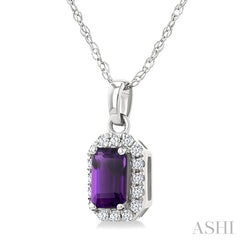 5x3 MM Octagonal Shape Amethyst and 1/20 Ctw Round Cut Diamond Halo Semi-Precious Pendant with Chain in 14K White Gold