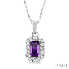 5x3 MM Octagonal Shape Amethyst and 1/20 Ctw Round Cut Diamond Halo Semi-Precious Pendant with Chain in 14K White Gold
