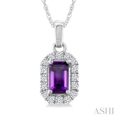 5x3 MM Octagonal Shape Amethyst and 1/20 Ctw Round Cut Diamond Halo Semi-Precious Pendant with Chain in 14K White Gold