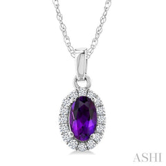 5x3 MM Oval Shape Amethyst and 1/20 Ctw Round Cut Diamond Halo Semi-Precious Pendant with Chain in 14K White Gold