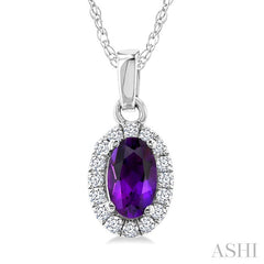 5x3 MM Oval Shape Amethyst and 1/20 Ctw Round Cut Diamond Halo Semi-Precious Pendant with Chain in 14K White Gold