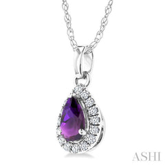 5x3 MM Pear Shape Amethyst and 1/20 Ctw Round Cut Diamond Halo Semi-Precious Pendant with Chain in 14K White Gold