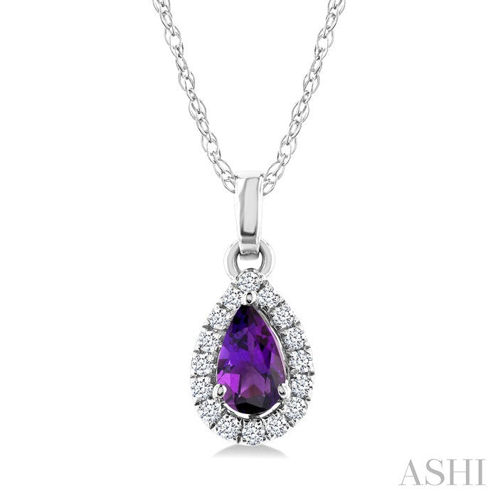 5x3 MM Pear Shape Amethyst and 1/20 Ctw Round Cut Diamond Halo Semi-Precious Pendant with Chain in 14K White Gold