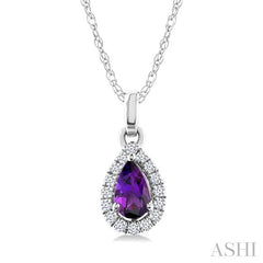 5x3 MM Pear Shape Amethyst and 1/20 Ctw Round Cut Diamond Halo Semi-Precious Pendant with Chain in 14K White Gold