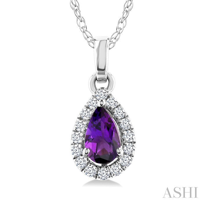 5x3 MM Pear Shape Amethyst and 1/20 Ctw Round Cut Diamond Halo Semi-Precious Pendant with Chain in 14K White Gold