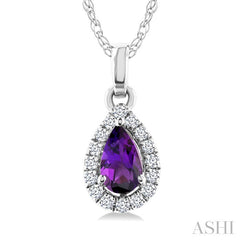5x3 MM Pear Shape Amethyst and 1/20 Ctw Round Cut Diamond Halo Semi-Precious Pendant with Chain in 14K White Gold