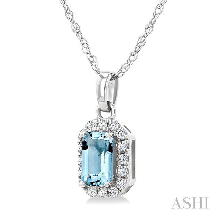 5x3 MM Octagonal Shape Aquamarine and 1/20 Ctw Round Cut Diamond Halo Semi-Precious Pendant with Chain in 14K White Gold