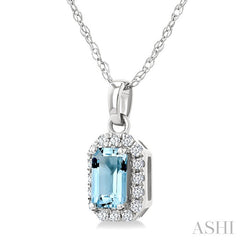 5x3 MM Octagonal Shape Aquamarine and 1/20 Ctw Round Cut Diamond Halo Semi-Precious Pendant with Chain in 14K White Gold
