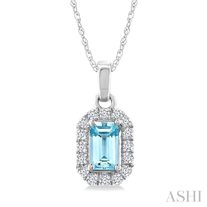 5x3 MM Octagonal Shape Aquamarine and 1/20 Ctw Round Cut Diamond Halo Semi-Precious Pendant with Chain in 14K White Gold