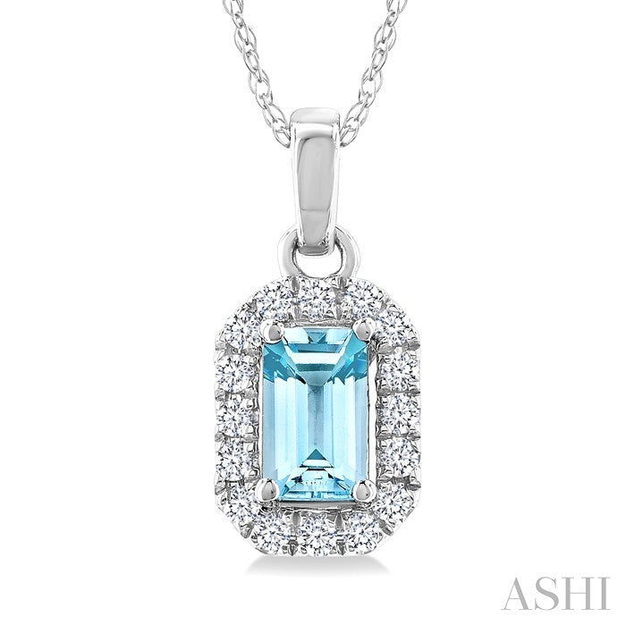 5x3 MM Octagonal Shape Aquamarine and 1/20 Ctw Round Cut Diamond Halo Semi-Precious Pendant with Chain in 14K White Gold