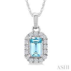 5x3 MM Octagonal Shape Aquamarine and 1/20 Ctw Round Cut Diamond Halo Semi-Precious Pendant with Chain in 14K White Gold
