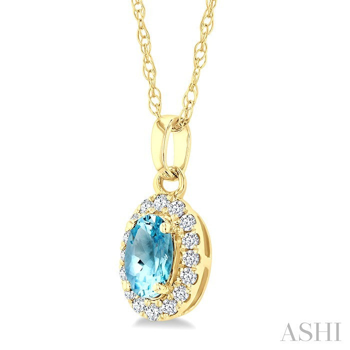5x3 MM Oval Shape Aquamarine and 1/20 Ctw Round Cut Diamond Halo Semi-Precious Pendant with Chain in 14K Yellow Gold