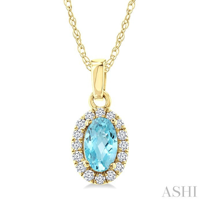 5x3 MM Oval Shape Aquamarine and 1/20 Ctw Round Cut Diamond Halo Semi-Precious Pendant with Chain in 14K Yellow Gold
