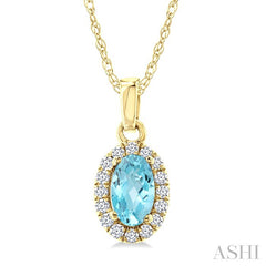 5x3 MM Oval Shape Aquamarine and 1/20 Ctw Round Cut Diamond Halo Semi-Precious Pendant with Chain in 14K Yellow Gold