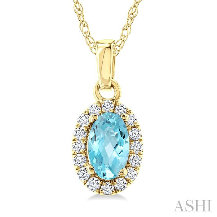 5x3 MM Oval Shape Aquamarine and 1/20 Ctw Round Cut Diamond Halo Semi-Precious Pendant with Chain in 14K Yellow Gold
