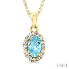 5x3 MM Oval Shape Aquamarine and 1/20 Ctw Round Cut Diamond Halo Semi-Precious Pendant with Chain in 14K Yellow Gold