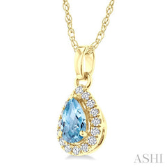 5x3 MM Pear Shape Aquamarine and 1/20 Ctw Round Cut Diamond Halo Semi-Precious Pendant with Chain in 14K Yellow Gold