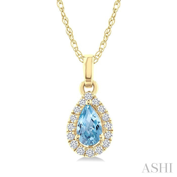 5x3 MM Pear Shape Aquamarine and 1/20 Ctw Round Cut Diamond Halo Semi-Precious Pendant with Chain in 14K Yellow Gold