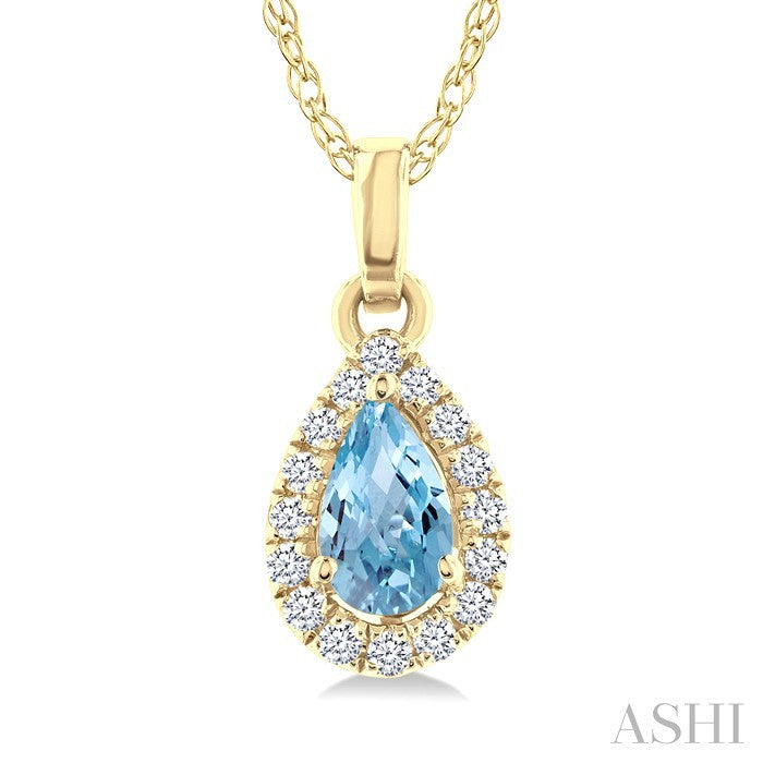 5x3 MM Pear Shape Aquamarine and 1/20 Ctw Round Cut Diamond Halo Semi-Precious Pendant with Chain in 14K Yellow Gold