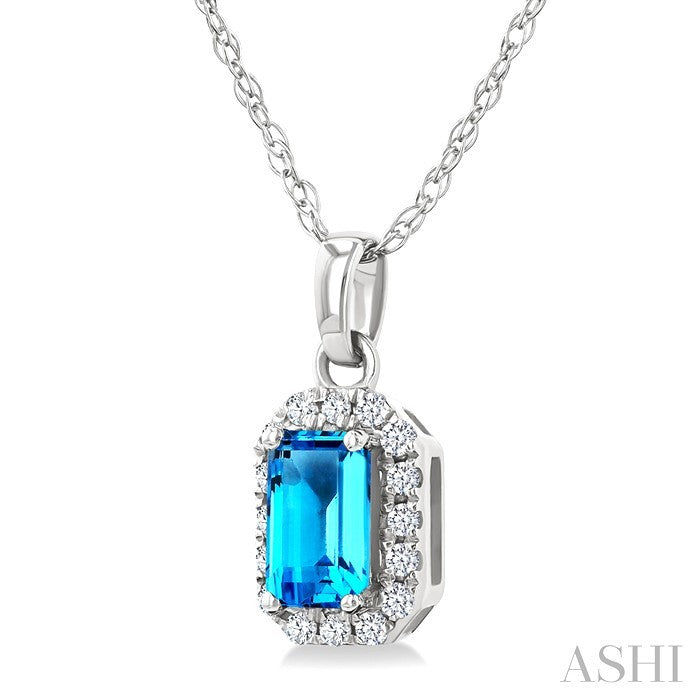 5x3 MM Octagonal Shape Blue Topaz and 1/20 Ctw Round Cut Diamond Halo Semi-Precious Pendant with Chain in 14K White Gold