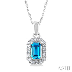 5x3 MM Octagonal Shape Blue Topaz and 1/20 Ctw Round Cut Diamond Halo Semi-Precious Pendant with Chain in 14K White Gold