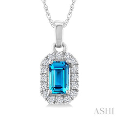 5x3 MM Octagonal Shape Blue Topaz and 1/20 Ctw Round Cut Diamond Halo Semi-Precious Pendant with Chain in 14K White Gold