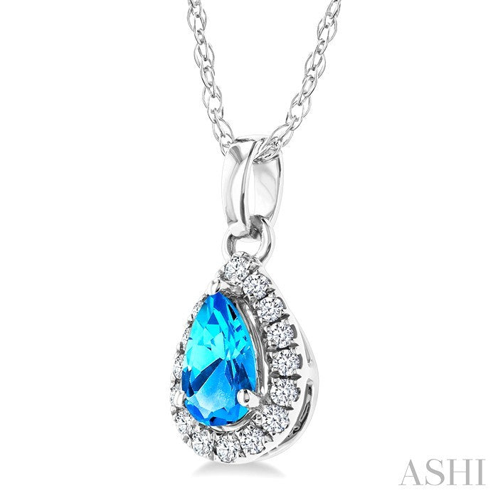5x3 MM Pear Shape Blue Topaz and 1/20 Ctw Round Cut Diamond Halo Semi-Precious Pendant with Chain in 14K White Gold