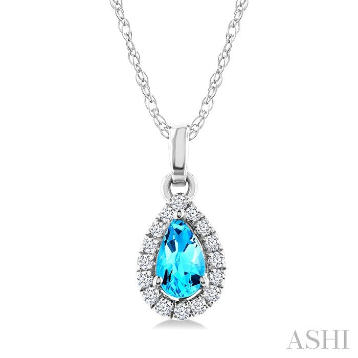 5x3 MM Pear Shape Blue Topaz and 1/20 Ctw Round Cut Diamond Halo Semi-Precious Pendant with Chain in 14K White Gold