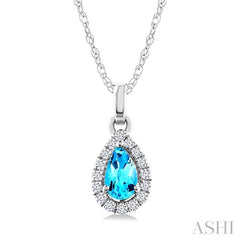 5x3 MM Pear Shape Blue Topaz and 1/20 Ctw Round Cut Diamond Halo Semi-Precious Pendant with Chain in 14K White Gold